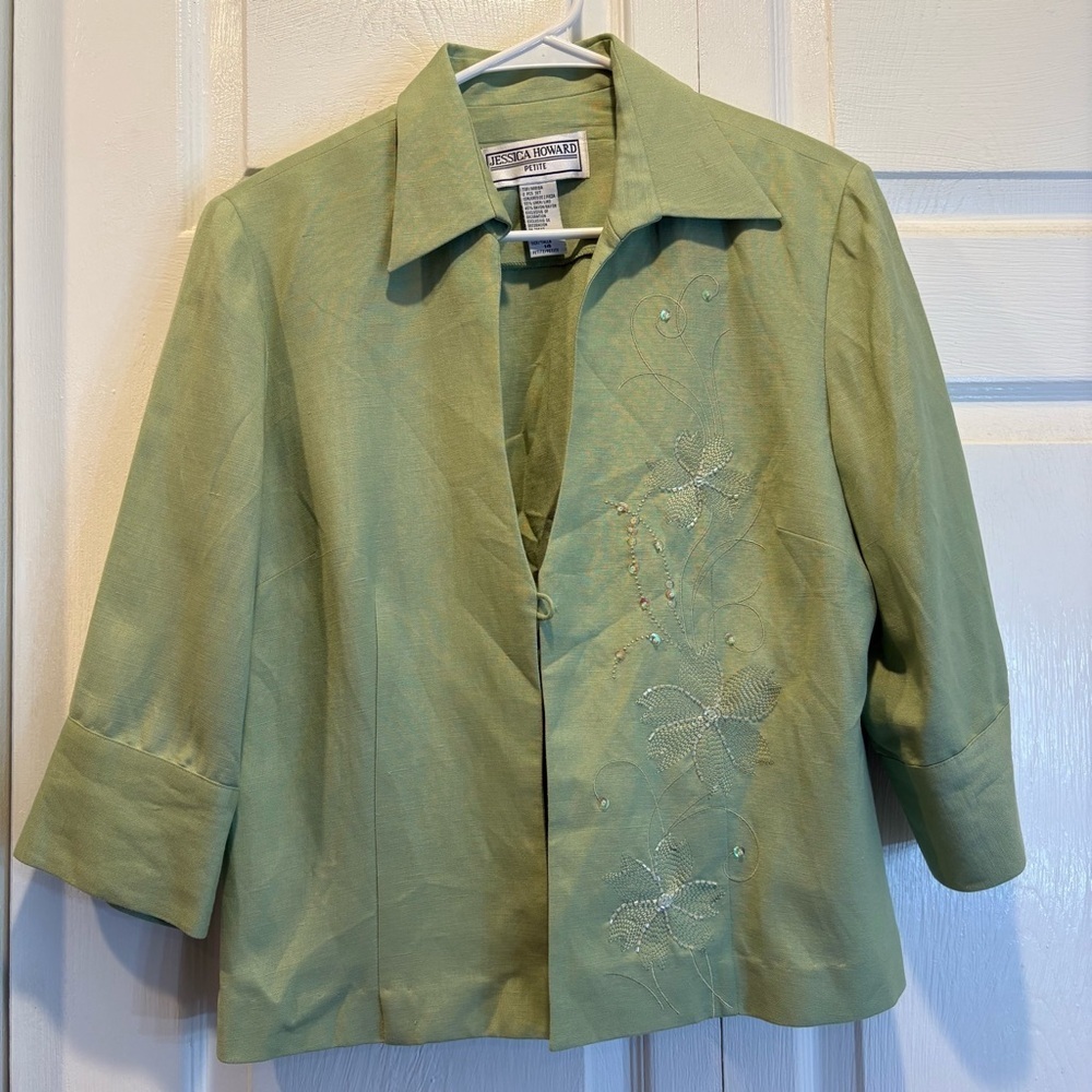 Vintage Jessica Howard Petite Green 3/4 Length Sleeve Embroidered Jacket-Size 14